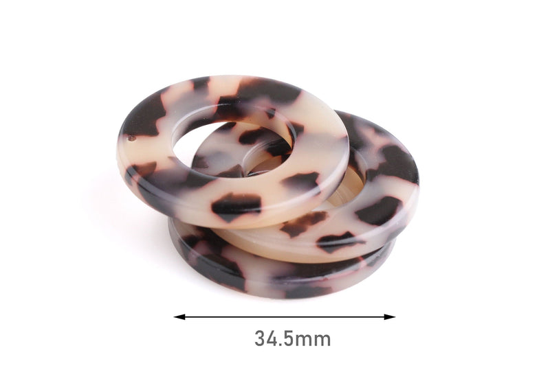 2 Donut Pendants in Blonde Tortoise Shell, 4mm Thick Open Rings, Big Hole Beads, Acrylic Jewelry Supply, Lucite Washer Charm, RG078-35-WT