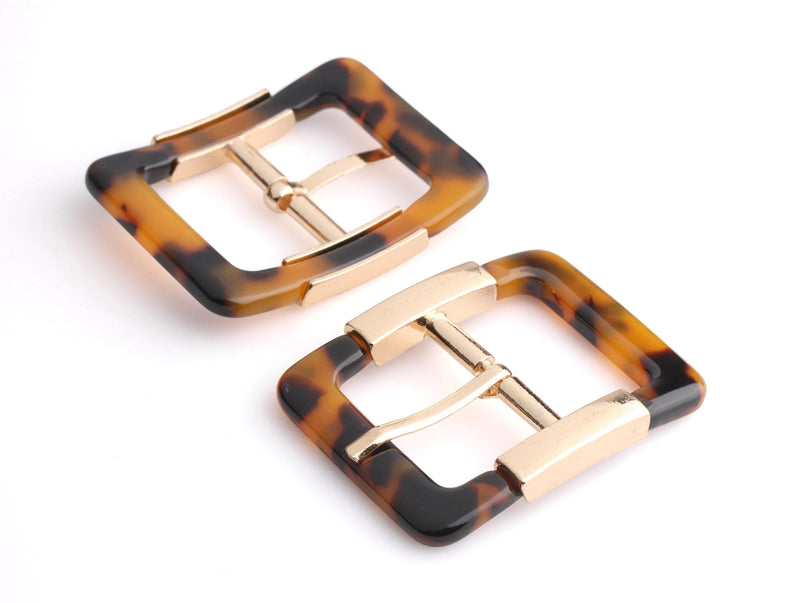 1 Tortoise Shell Buckle with Gold Details, Square Shape, Decorative Fancy Buckle, Acetate and Metal, 2 x 1.6" Inch
