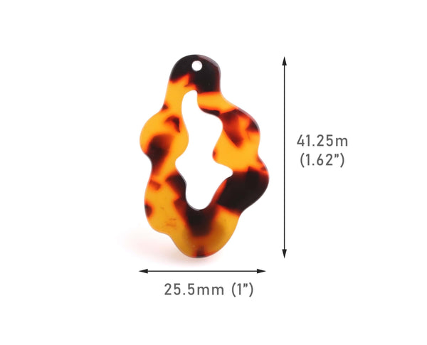 4 Freeform Pendants, Organic Shape, Orange and Red Tortoise Shell, Cellulose Acetate, 41.25 x 25.5mm