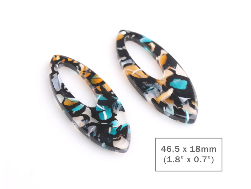2 Dagger Beads, 46.5 x 18mm, Laser Cut Acrylic Shapes, Tortoise Shell Acetate Charms, Colorful Resin Pendant, Marquise Shaped, TD054-46-MC08
