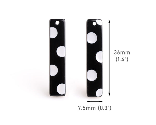 4 Rectangle Bar Charms, White and Black Polka Dots, Cellulose Acetate, 36 x 7.5mm