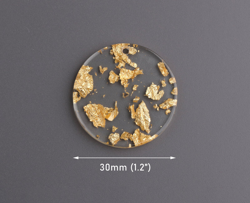 4 Gold Flake Resin Pendants, 30mm Diameter, Transparent Round Pendant, Gold Flecks, Clear Acrylic Bead, Flat Circle Disc Charm, CN242-30-CGF