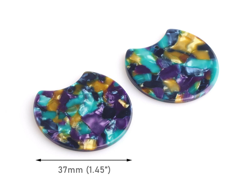 2 Wide Crescent Moon Charms, Cellulose Acetate Beads, Layering Resin Pendants, Multicolored Tortoise Shell Jewelry Supply, CN247-37-MC10