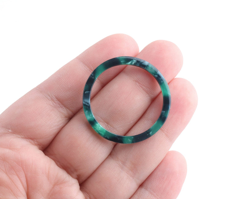 2 Green Tortoise Shell Ring Connector Links, No Holes, Plastic O Ring, Cellulose Acetate, 33mm