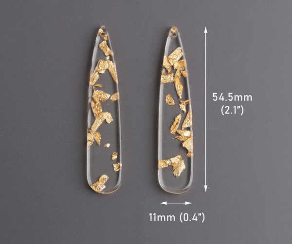 4 Teardrop Earring Charms with Gold Foil Flakes, 2" Teardrop Findings, Laser Cut Acrylic Glass, Long Resin Pendant Gold Flecks, TD057-54-CGF