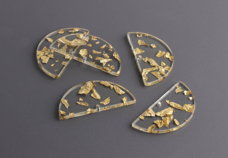 2 Clear Acrylic Half Circle Charms with Gold Foil Leaf Flakes, Transparent, Designer Charms, 37 x 18mm