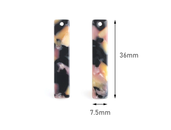4 Black Tortoise Shell Bar Pendants, 36 x 7.5mm, Satin Yellow Dusty Pink, Acrylic Earring Parts, Wide Stick Earring Findings, BAR048-36-BK02