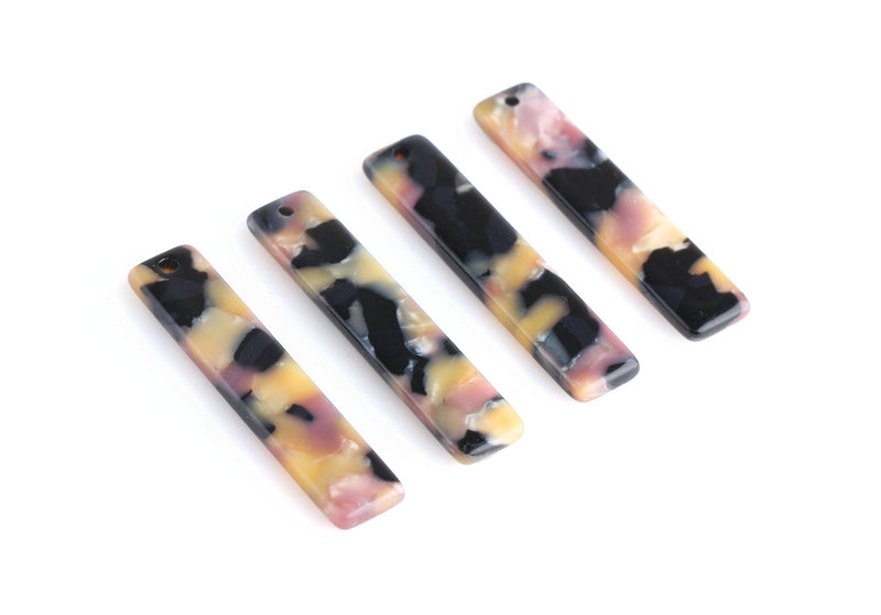 4 Black Tortoise Shell Bar Pendants, 36 x 7.5mm, Satin Yellow Dusty Pink, Acrylic Earring Parts, Wide Stick Earring Findings, BAR048-36-BK02