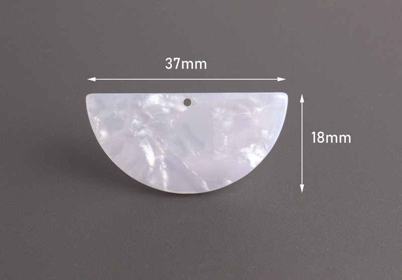 2 Half Circle Findings in Ice Crystal White, Semi-Circle Shape, Cellulose Acetate, 37 x 18mm