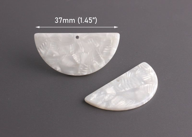 2 White Pearl Semi Circle Pendants, Cellulose Acetate, 37 x 18mm