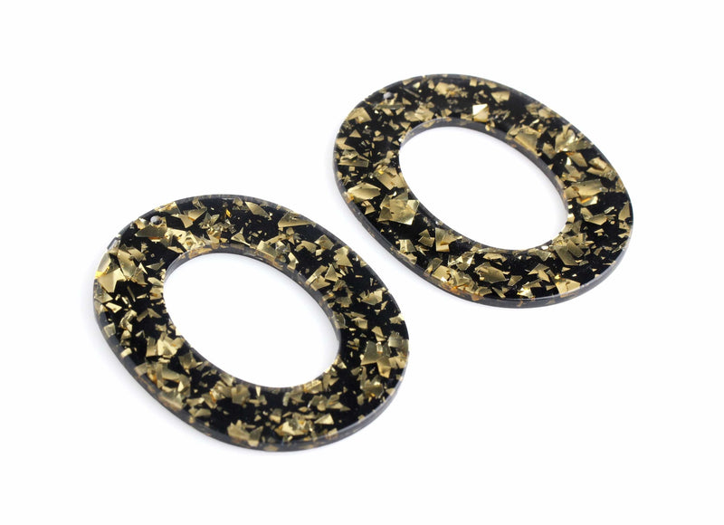 2 Black Glitter Resin Pendants with Gold Foil Leaf Flakes, Oval Ring Link Sparkle Bead, Black Tortoise Shell Necklace Pendant, VG045-49-BKGF