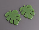 2 Olive Green Monstera Leaf Pendants, Cellulose Acetate, 43 x 35mm