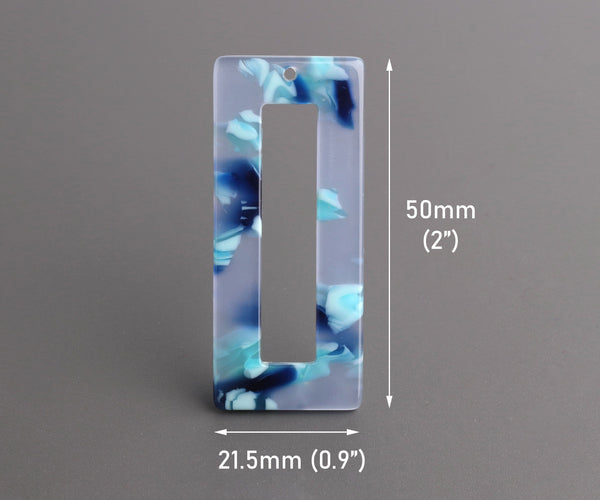 2 Resin Pendants in Blue Tortoise Shell, 50mm x 21.5mm, Transparent Blue Bead, Light Blue Acetate Finding, Open Rectangle Ring, DX094-50-U03
