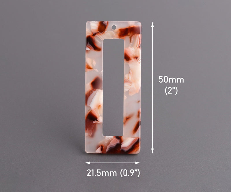 2 Cherry Blossom Resin Pendants, 50mm x 21.5mm, Light Pink Acrylic Charms, Rectangle Ring, Red Floral Beads, Geometric Charms, DX095-50-PK04