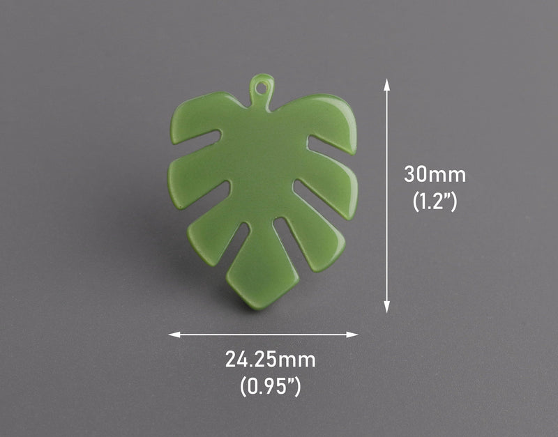 2 Palm Leaf Charms in Olive Green, Botanical Pendants, Cellulose Acetate, 30 x 24.25mm