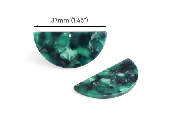 2 Half Moon Pendants, Dark Green Tortoise Shell, Cellulose Acetate, 37 x 18mm