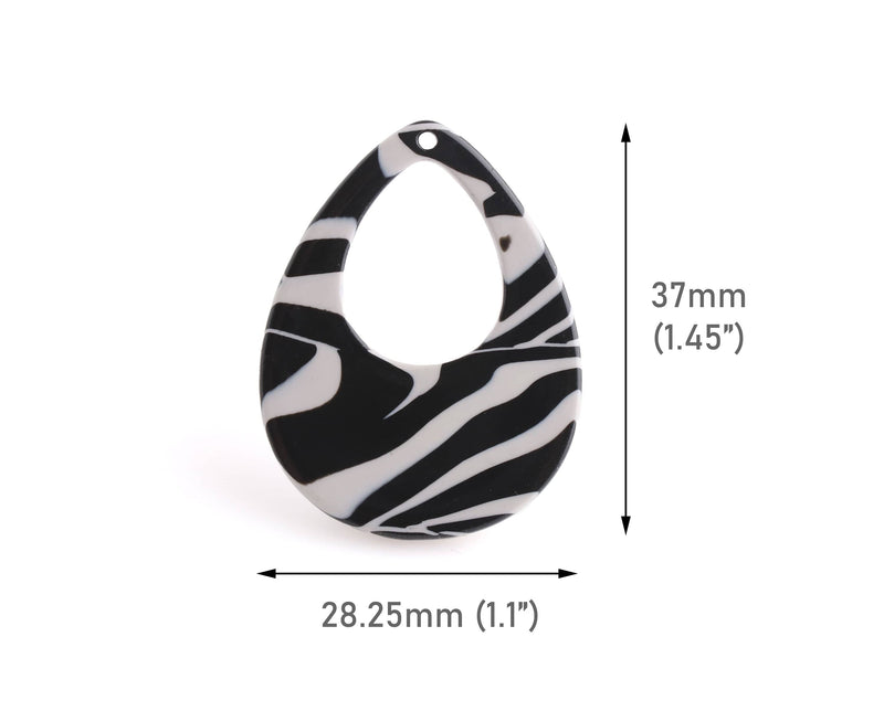 4 Tear Drop Pendants in Zebra Print, 1.5" Inch, Animal Print Bead, Monochrome Beads, Acetate Acrylic Teardrop Earring Charm, TD062-37-BK06