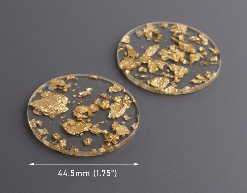 2 Gold Foil Resin Pendant, 1.75" Inch Laser Cut Circle Transparent, Clear Acrylic Earring Blank, Extra Large Disc Charm 1 3/4", CN235-44-CGF