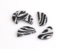 2 Half Moon Charm Links with Zebra Stripes, Two Holes, Black and Light Gray, Cellulose Acetate, 24.5 x 12.5mm