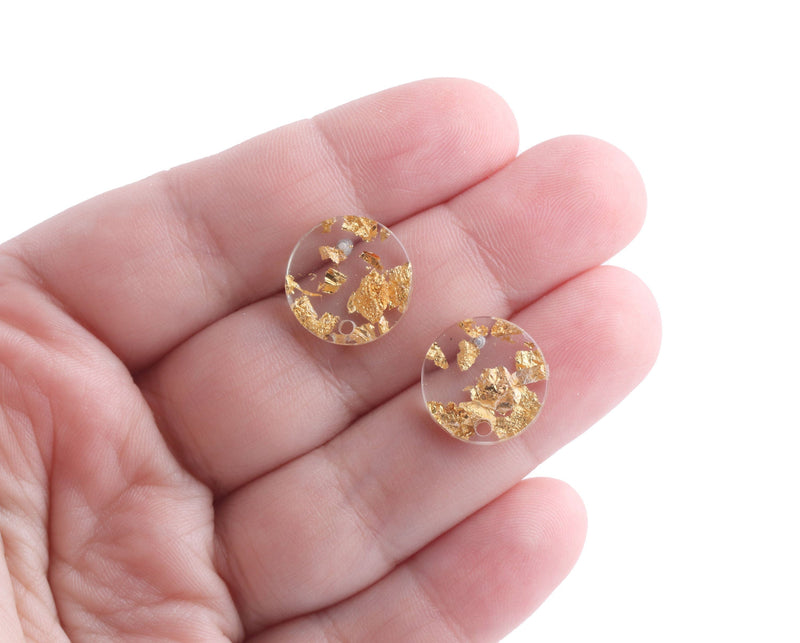 4 Clear Acrylic Earring Parts with Gold Foil Flakes, 15mm Small Round Circle, Dot Stud Earring with Post DIY, 1/2" Inch, EAR077-14-CGF