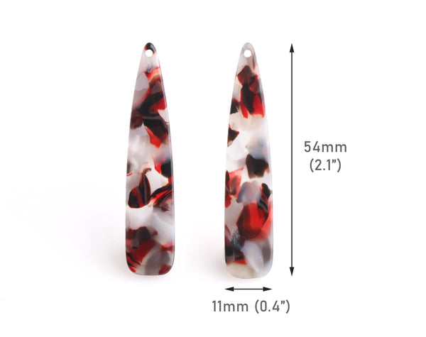 4 Teardrop Earring Charms, 54x11mm, Red Tortoise Shell Jewelry Supply, Brown White Acetate Charms, Multicolored Resin Pendant, TD055-54-RD03