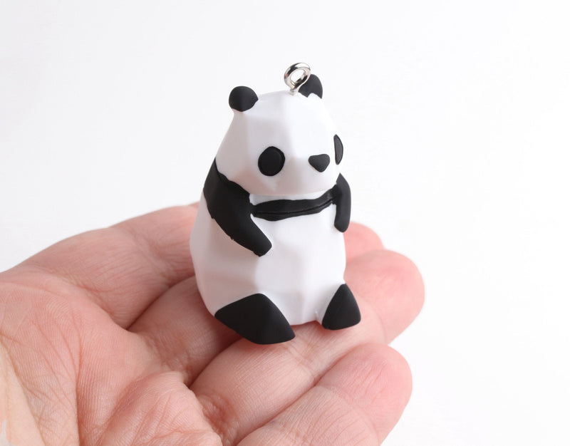 1 Geometric Panda Bear Figurine with Loop, Low Poly, Small Plastic Spirit Animal Totem, Matte Rubber Coated, 1.7" Inch