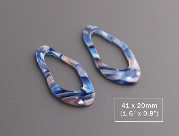 4 Pearlescent Blue Organic Shapes, 41x30mm, Freeform Pendant, Acetate Earring Charms, Connector Rings, Tortoiseshell Pendant, VG048-41-U14