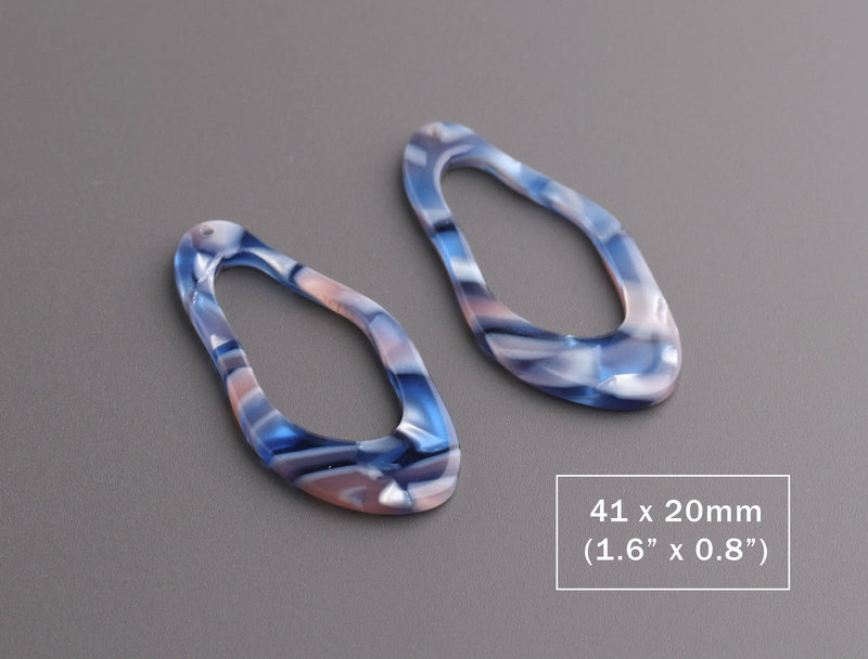 4 Pearlescent Blue Organic Shapes, 41x30mm, Freeform Pendant, Acetate Earring Charms, Connector Rings, Tortoiseshell Pendant, VG048-41-U14