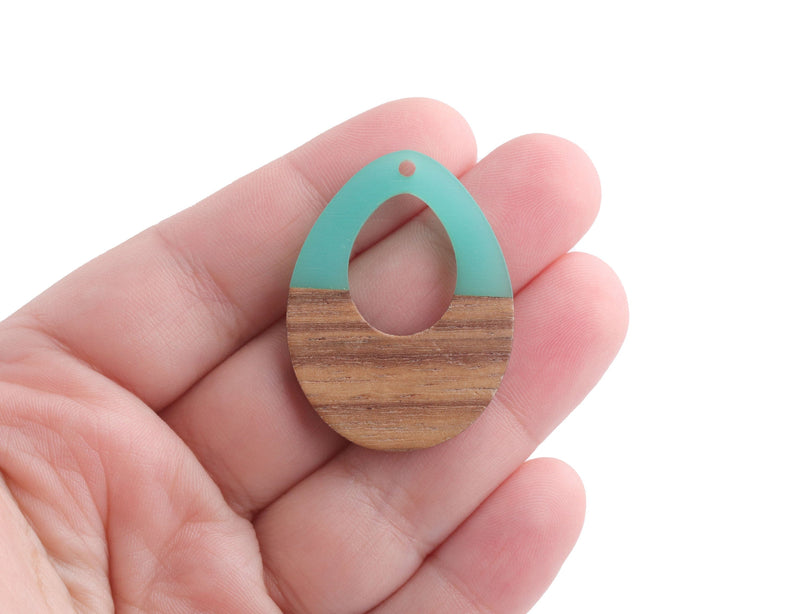 4 Teardrop Pendants with Green Epoxy Resin and Real Wood, 37 x 28mm