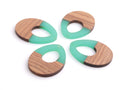 4 Teardrop Pendants with Green Epoxy Resin and Real Wood, 37 x 28mm