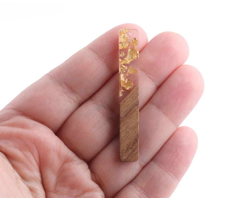 4 Wood and Resin Beads with Gold Foil Flakes, 51.5 x 7.5mm, Stick Earring Findings, Wood Resin Pendant, 2" Inch Bar Charms, BAR050-51-WDGF