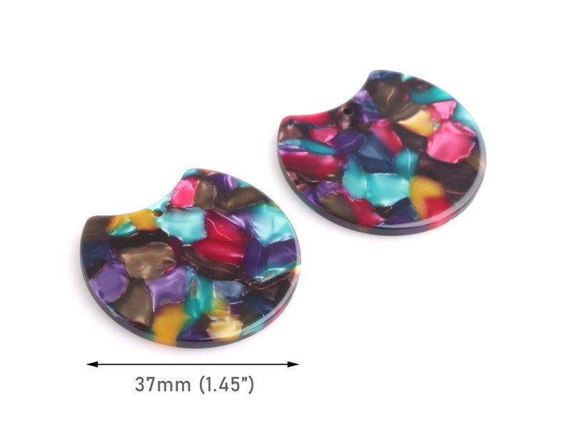 2 Large Crescent Moon Charms, 37 x 33.5mm, Jewel Tone Tortoise Shell Beads, Vinyl Blanks, Eco Friendly Jewelry Making Supply, CN245-37-MC09