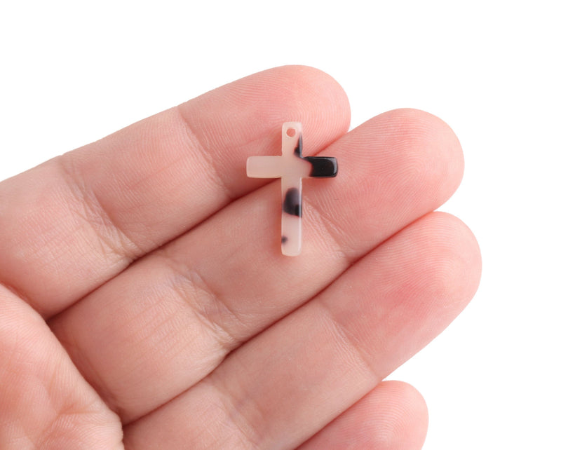 4 Tiny Cross Charms in Blonde Tortoise Shell, Religious Faith Charms, Cellulose Acetate, 18.5 x 13mm