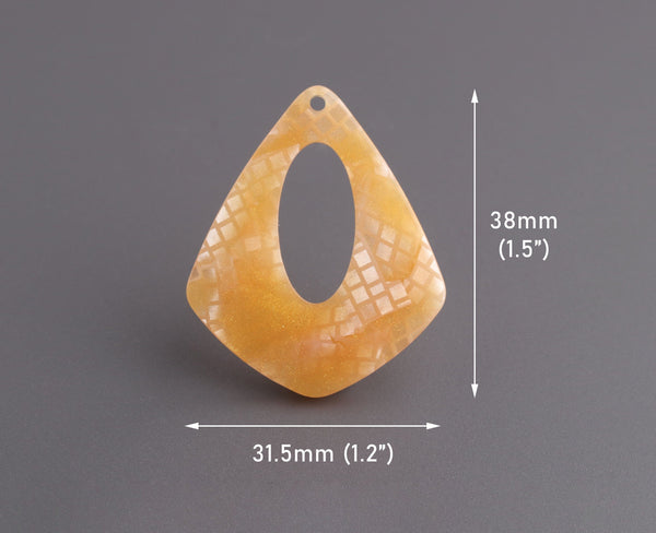 4 Orange Snakeskin Print Charms, 1.5" Inch, Open Teardrop Findings, Resin Pendulum, Diamond Shape Beads, Gold Glitter Acrylic, TD058-38-OG03