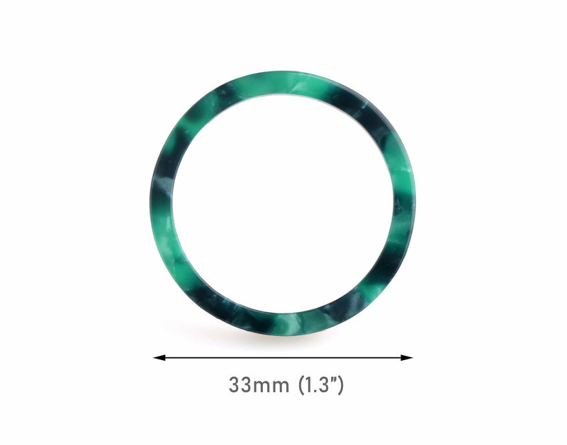 2 Green Tortoise Shell Ring Connector Links, No Holes, Plastic O Ring, Cellulose Acetate, 33mm