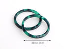 2 Green Tortoise Shell Ring Connector Links, No Holes, Plastic O Ring, Cellulose Acetate, 33mm