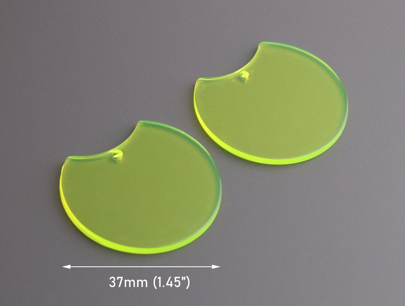 2 Neon Yellow Half Circle Findings, 37mm, Acrylic Laser Cut Charms, Round Discs, Fluorescent Yellow Bead, Wide Crescent Moon, CN251-37-YW04