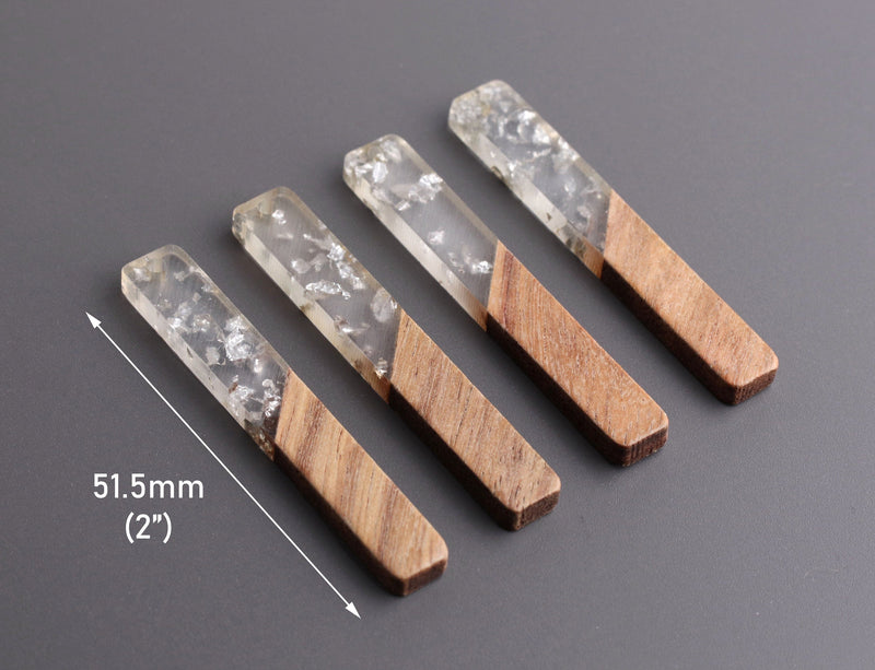 4 Real Wood and Resin Beads with Silver Foil Flakes, Long Bar Shape, Translucent Epoxy Resin, Brown Wood, 51.5 x 7.5mm