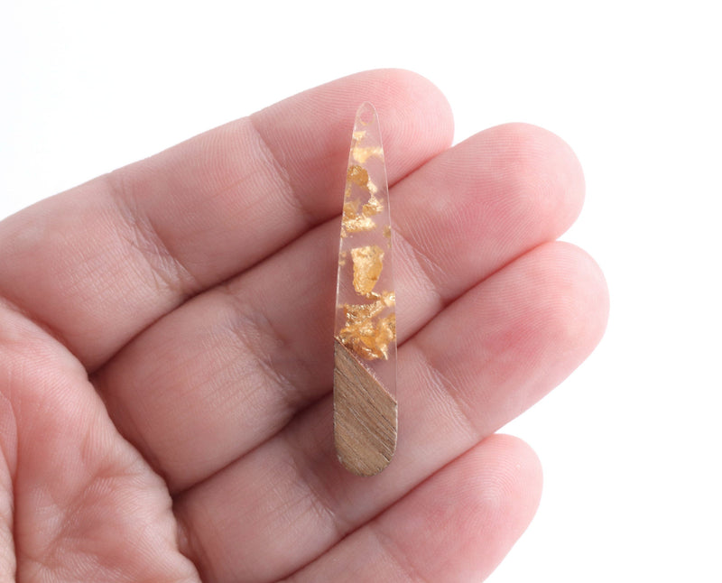 4 Wood and Resin Charms with Gold Foil Flecks, 44mm x 7.5mm Long Stick Earring Charm, Dual Design, Real Wood Teardrop Pendant, TD066-44-WDGF