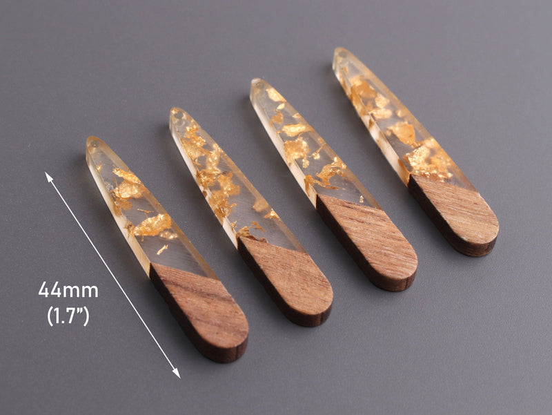 4 Wood and Resin Charms with Gold Foil Flecks, 44mm x 7.5mm Long Stick Earring Charm, Dual Design, Real Wood Teardrop Pendant, TD066-44-WDGF