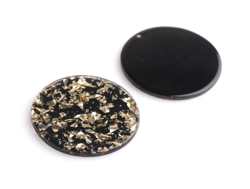 4 Black Acrylic Circles with Gold Foil Flakes, 35mm, Gold Flecked Earring Blank Findings, Plastic Discs, Glitter Resin Charms, CN260-35-BKGF