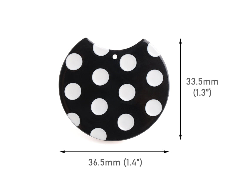 2 Half Circle Acrylic Blanks with Polka Dots, Black Acetate Charms, Crescent Moon Charms, Plastic Disc Earring Findings, HC009-37-BDOT