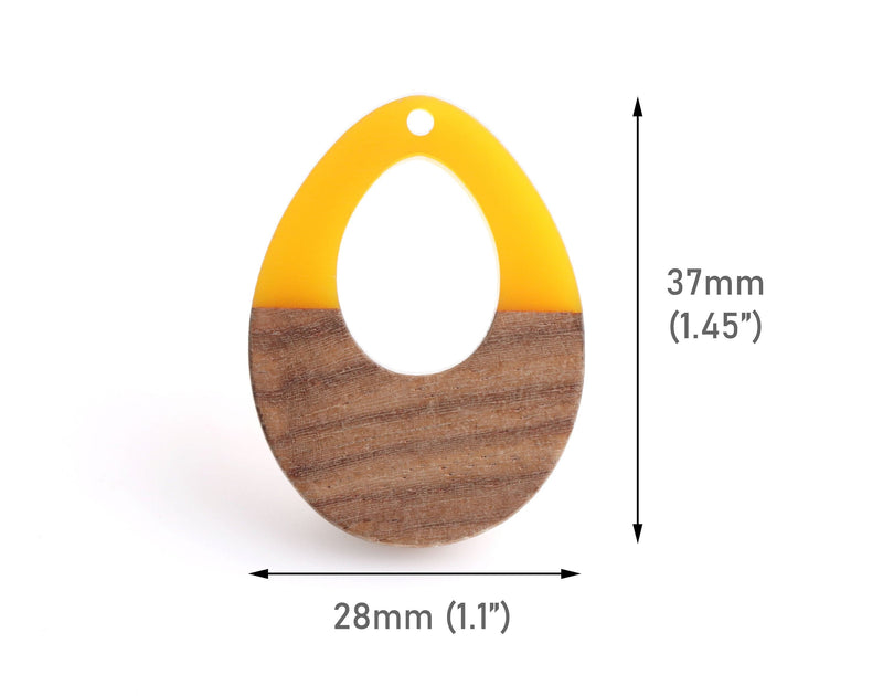 4 Mustard Yellow Resin and Wood Pendants, Teardrop Shape, 2mm Hole, Epoxy Resin and Real Wood Beads, 37 x 28mm