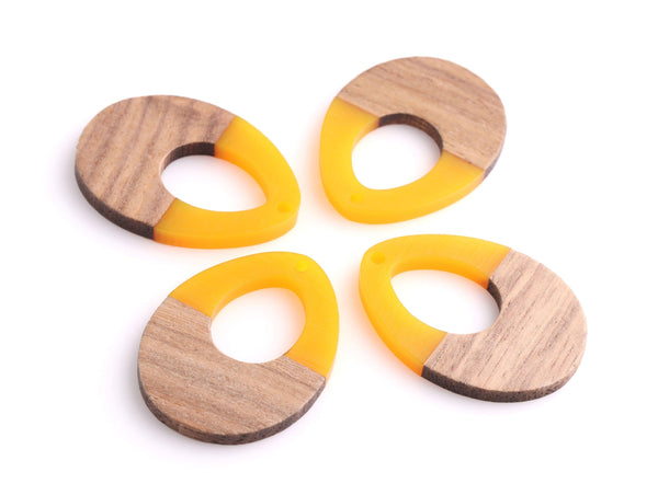 4 Mustard Yellow Resin and Wood Pendants, Teardrop Shape, 2mm Hole, Epoxy Resin and Real Wood Beads, 37 x 28mm