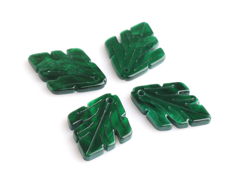 2 Engraved Green Leaf Charms, 1" x 0.75" Inch, Laser Cut Acrylic Shapes, Rhomboid Birch Leaf Beads, Dark Green Tortoise Shell, FW046-25-GN13