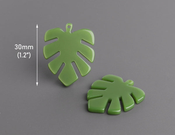 2 Palm Leaf Charms in Olive Green, Botanical Pendants, Cellulose Acetate, 30 x 24.25mm
