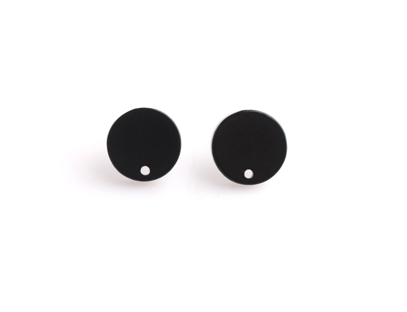 4 Black Stud Earring Parts 12mm, Small Black Acrylic Earring Blank, Resin Earring Findings Supply, Simple Ear Stud with Hole, EAR079-12-BK04