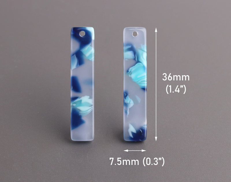 4 Blue Acetate Bar Charms, Translucent Blue Tortoise Shell, Cellulose Acetate, 36 x 7.5mm
