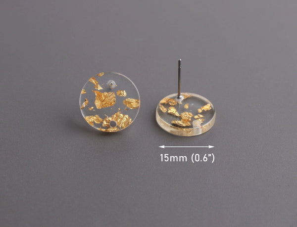 4 Clear Acrylic Earring Parts with Gold Foil Flakes, 15mm Small Round Circle, Dot Stud Earring with Post DIY, 1/2" Inch, EAR077-14-CGF