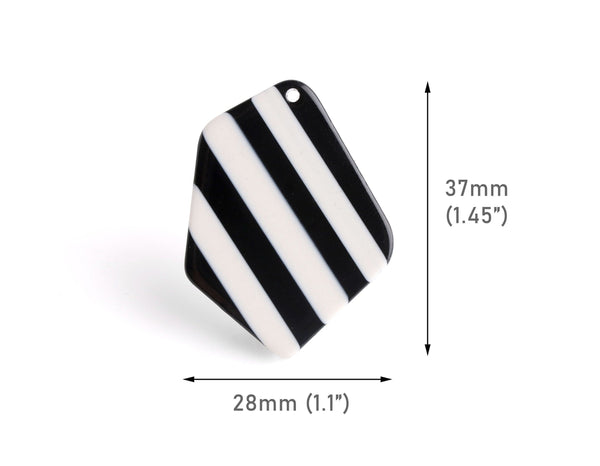 2 Geometric Pendants with Black and White Stripes, 37 x 28mm, Cellulose Acetate Charms, Striped Acrylic Beads, Diamond Shaped, DX113-37-BWST